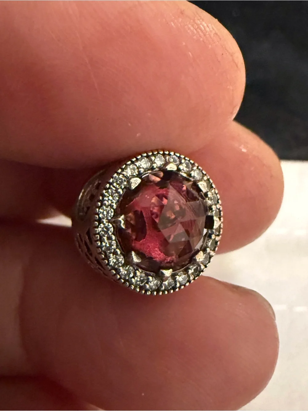Pandora Sterling Silver Round Pink Crystal Charm with Clear Pavé Halo